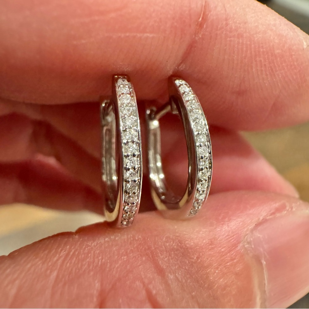 14K White Gold Diamond Huggie Hoop Earrings